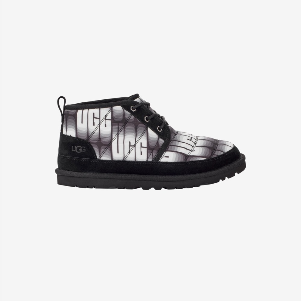 NEW UGG Neumel LTA Wavelength Black Quilted Plush Shearling Boot Spellout Sz 9